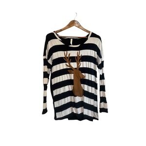 Bo Bel Sweater Women Small Black White Excellent Striped Deer Button Back Top